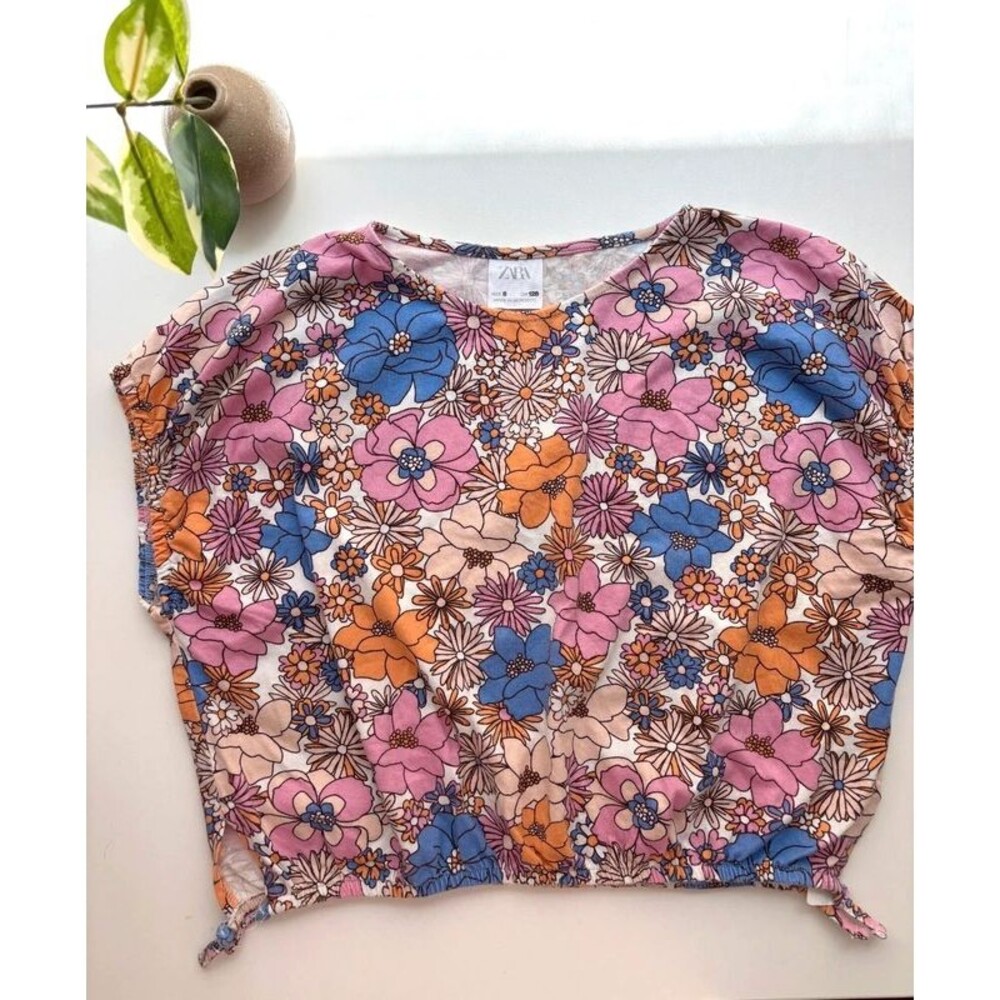 Zara Kids Girls Short-sleeve Retro Floral Top Size 8Y